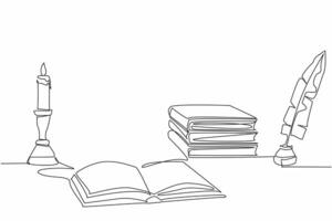 Continuous one line drawing open book, quill and lit candle in a candlestick. Reading. Studying. Learning. Writing. Increase knowledge. World Candle Day. Single line draw design illustration vector