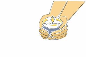 Continuous one line drawing two hands holding a lit candles. Light and guidance. Provide care, protection, and support for loved ones. World Candle Day. Single line draw design illustration vector
