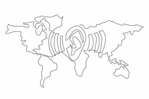 Single continuous line drawing ears amidst the sound waves of the world map background. Global communication. Connecting all people in the world. World Hearing Day. One line design illustration vector