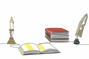 Continuous one line drawing open book, quill and lit candle in a candlestick. Reading. Studying. Learning. Writing. Increase knowledge. World Candle Day. Single line draw design illustration vector