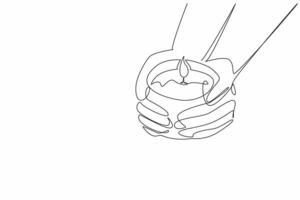 Continuous one line drawing two hands holding a lit candles. Light and guidance. Provide care, protection, and support for loved ones. World Candle Day. Single line draw design illustration vector