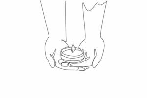 Single one line drawing two hands holding a lit candles. Offer hope. Provide enlightenment. Instruction. A calming fragrance. Aromatic. World Candle Day. Continuous line design graphic illustration vector