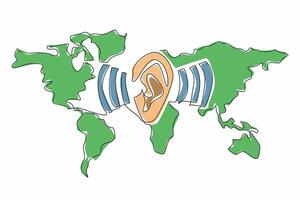Single continuous line drawing ears amidst the sound waves of the world map background. Global communication. Connecting all people in the world. World Hearing Day. One line design illustration vector