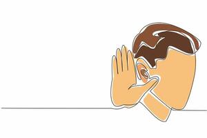 Continuous one line drawing man holding ear. Listening on conversation. Desire to gather information. The desire to find out anything. World Hearing Day. Single line draw design illustration vector