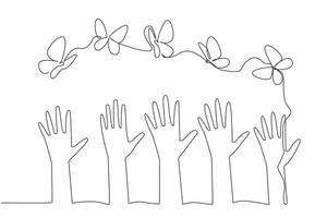 Single one line drawing five hands raised up with some butterflies flying above them. Embrace our differences. A symphony of unity. Zero Discrimination Day. Continuous line design graphic illustration vector