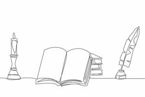 Single continuous line drawing a burning candle in a candlestick. Old style of learning and writing. Increasing knowledge. Education. Writing. World Candle Day. One line design illustration vector