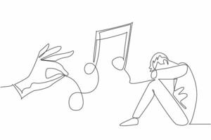 Continuous one line drawing man crouching on the floor covering his face. A melody of healing. Reminder of healing power of music. World Music Therapy Day. Single line draw design illustration vector