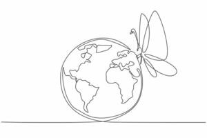 Single one line drawing globe infested with big butterfly. A symbol of hope and transformation. Delicate dance of global harmony. Zero Discrimination Day. Continuous line design graphic illustration vector