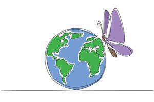 Single one line drawing globe infested with big butterfly. A symbol of hope and transformation. Delicate dance of global harmony. Zero Discrimination Day. Continuous line design graphic illustration vector