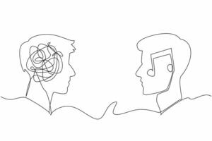 Single one line drawing two head silhouettes with crumpled circle fill and tones. Music can bridge divides. Clash of perspectives. World Music Therapy Day. Continuous line design graphic illustration vector
