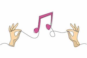 Single continuous line drawing two hands holding the string and the middle forming a tone symbol. The power of music to connect people. World Music Therapy Day. One line design illustration vector