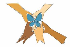 Single continuous line drawing five hands with different skin colors stacked on top of each other. Metaphor interconnectedness of humanity. Zero Discrimination Day. One line design illustration vector