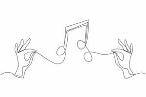 Single continuous line drawing two hands holding the string and the middle forming a tone symbol. The power of music to connect people. World Music Therapy Day. One line design illustration vector