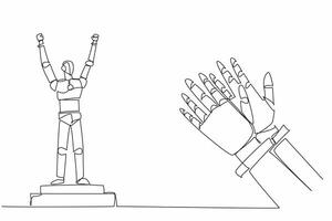 Single one line drawing robot standing on the podium of champions. Future where machines surpass human capabilities. Technology. Employee Appreciation Day. Continuous line design graphic illustration vector