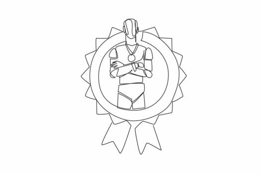 Single continuous line drawing robot crossed arm on chest while medal around neck. The rise of artificial intelligence. High technology. Employee Appreciation Day. One line design illustration vector