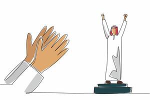 Continuous one line drawing Arabian man stands on the podium. Success, achievement, and cultural celebration. Applauds. Triumph. Employee Appreciation Day. Single line draw design illustration vector