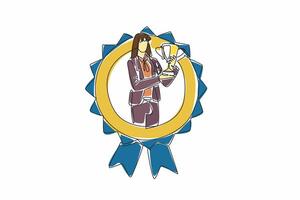 Continuous one line drawing woman in blazer raise the trophy proudly. Unwavering pursuit of success. Accomplishment. Victory. Employee Appreciation Day. Single line draw design illustration vector