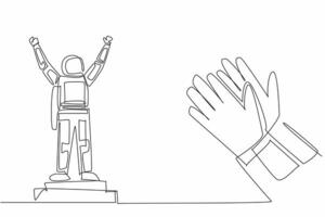 Single continuous line drawing astronaut standing on champions podium. The culmination of a successful space mission. Triumph. Clap. Employee Appreciation Day. One line design illustration vector