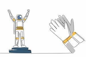Single continuous line drawing astronaut standing on champions podium. The culmination of a successful space mission. Triumph. Clap. Employee Appreciation Day. One line design illustration vector