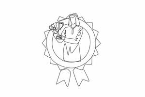 Single one line drawing Arabian man raise the trophy. With perseverance and dedication, anyone can achieve the dreams. Success. Employee Appreciation Day. Continuous line design graphic illustration vector