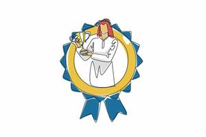 Single one line drawing Arabian man raise the trophy. With perseverance and dedication, anyone can achieve the dreams. Success. Employee Appreciation Day. Continuous line design graphic illustration vector