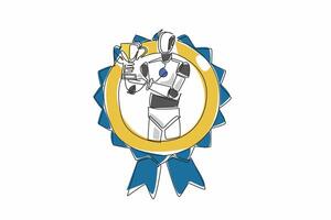 Single continuous line drawing robot raise the trophy. The dawn of a new era of technological advancement. Artificial intelligence tech. Employee Appreciation Day. One line design illustration vector
