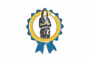 Single continuous line drawing woman in blazer crosses arm on chest while medal around neck. The representation of women's capabilities. Employee Appreciation Day. One line design illustration vector