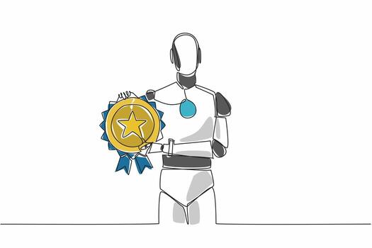 Single one line drawing artificial intelligence robot holding medal emblem. Potential of AI to surpass human capabilities. Tech. Employee Appreciation Day. Continuous line design graphic illustration vector
