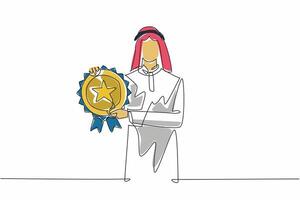 Single continuous line drawing Arabian man holding medal emblem. Recognition of contributions of individuals from different backgrounds. Employee Appreciation Day. One line design illustration vector