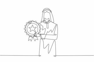 Single continuous line drawing Arabian man holding medal emblem. Recognition of contributions of individuals from different backgrounds. Employee Appreciation Day. One line design illustration vector