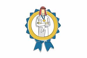 Continuous one line drawing Arabian man crossed arm on chest while medal around neck. Emphasizing the hard work behind success. Employee Appreciation Day. Single line draw design illustration vector