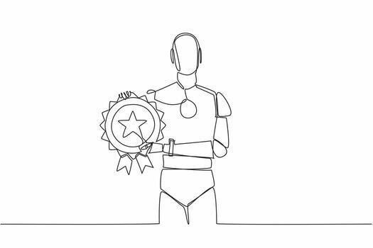 Single one line drawing artificial intelligence robot holding medal emblem. Potential of AI to surpass human capabilities. Tech. Employee Appreciation Day. Continuous line design graphic illustration vector