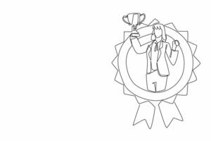 Continuous one line drawing woman in blazer holding trophy. Breaking gender barriers in the workplace. Professional achievement. Employee Appreciation Day. Single line draw design illustration vector