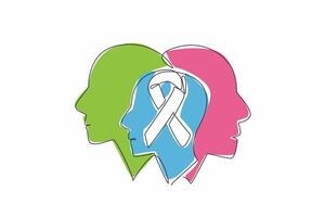 Single one line drawing three overlapping profiles, with a ribbon in the center. The shared empathy. Solidarity. Care. Awareness. Support. Rare Disease Day. Continuous line design graphic illustration vector
