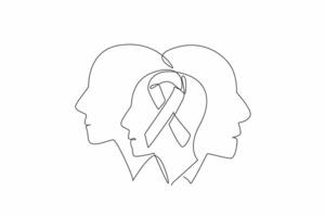 Single one line drawing three overlapping profiles, with a ribbon in the center. The shared empathy. Solidarity. Care. Awareness. Support. Rare Disease Day. Continuous line design graphic illustration vector