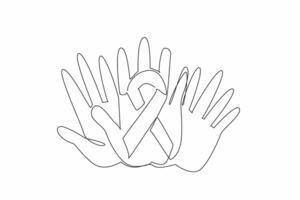 Continuous one line drawing three overlapping palms in campaign colors. Collective strength. Resilience. Hope. Support. Empathy. Unity. Rare Disease Day. Single line draw design illustration vector