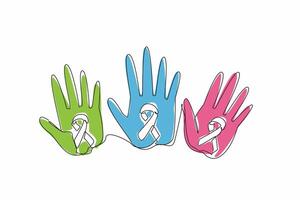 Single continuous line drawing three palms with campaign colors. The diverse perspectives. Experiences. Survivorship. Awareness. Support. Life. Rare Disease Day. One line design illustration vector