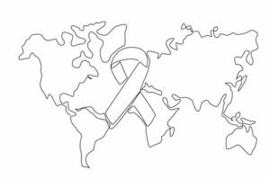 Single continuous line drawing large campaign ribbon on world map background. Awareness and support for various causes. Support for individuals. Rare Disease Day. One line design illustration vector