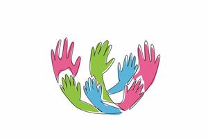 Continuous one line drawing seven curved hands in campaign colors. Symbolizing unity, hope, and collective effort. Support to survivor. Rare Disease Day. Single line draw design illustration vector