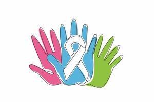 Continuous one line drawing three overlapping palms in campaign colors. Collective strength. Resilience. Hope. Support. Empathy. Unity. Rare Disease Day. Single line draw design illustration vector