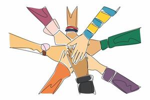 Single continuous line drawing eight hands with their sleeves stacked together and making circle. The interconnectedness. Solidarity. Shared vision. World NGO Day. One line design illustration vector
