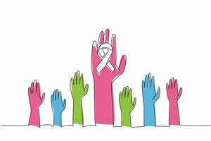 Single continuous line drawing seven hands of various sizes raised. One of them has a ribbon campaign. Collective commitment to raising awareness. Rare Disease Day. One line design illustration vector