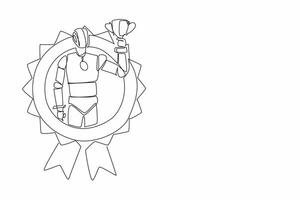 Single one line drawing a robot holding a trophy. Achievement in a field where artificial intelligence excels. Artificial tech. Employee Appreciation Day. Continuous line design graphic illustration vector