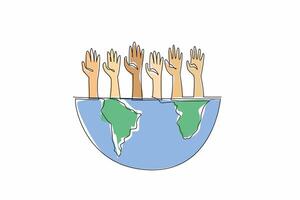 Continuous one line drawing hands reaching up from a half-globe. Advocating for global issues and promoting positive change. Global impact. World NGO Day. Single line draw design illustration vector