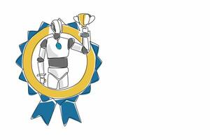 Single one line drawing a robot holding a trophy. Achievement in a field where artificial intelligence excels. Artificial tech. Employee Appreciation Day. Continuous line design graphic illustration vector