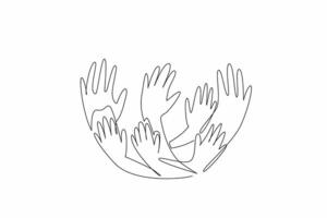 Continuous one line drawing seven curved hands in campaign colors. Symbolizing unity, hope, and collective effort. Support to survivor. Rare Disease Day. Single line draw design illustration vector
