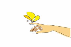 Single continuous line drawing butterfly perched on fingertip. Transformation, renewal, and the promise of a brighter future. Respect. Zero Discrimination Day. One line design illustration vector