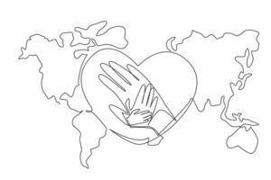 Single continuous line drawing hands stacked in the middle of a heart shape on a world map background. The global compassion. Humanitarian efforts. World NGO Day. One line design illustration vector