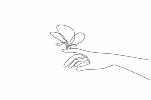 Single continuous line drawing butterfly perched on fingertip. Transformation, renewal, and the promise of a brighter future. Respect. Zero Discrimination Day. One line design illustration vector