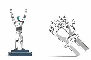 Single one line drawing robot standing on the podium of champions. Future where machines surpass human capabilities. Technology. Employee Appreciation Day. Continuous line design graphic illustration vector